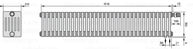 Схема (чертеж) Радиатор Zehnder Charleston 6035/33 №V002 Белый глянцевый RAL 9016
